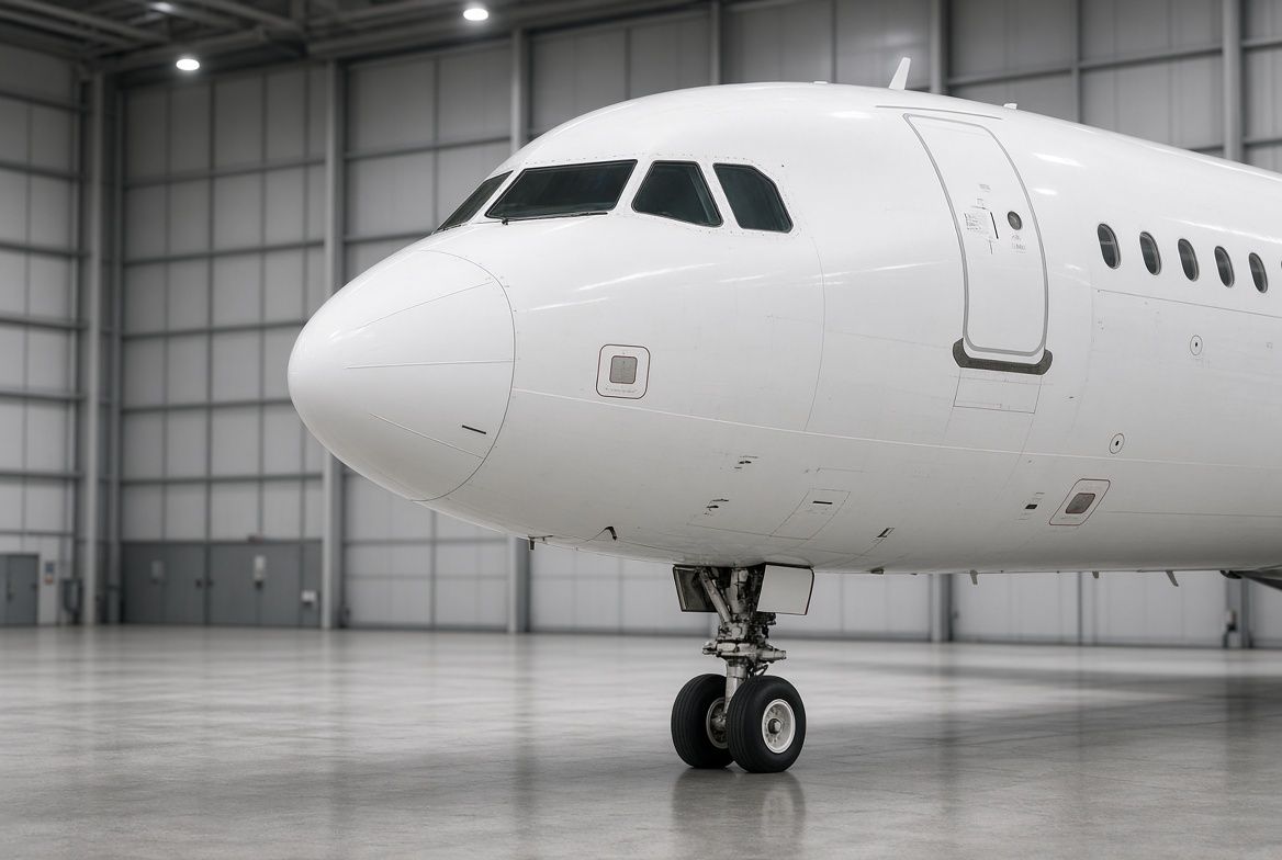 Nose and front landing gear of a white airliner parked inside a maintenance hangar