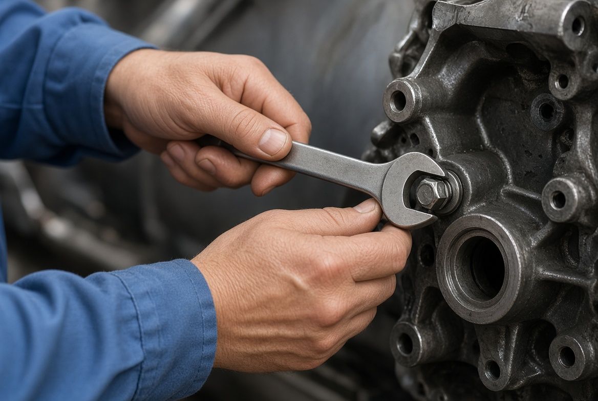 Close-up of a technician's hands tightening a bolt on a metal engine housing with an open-end wrench